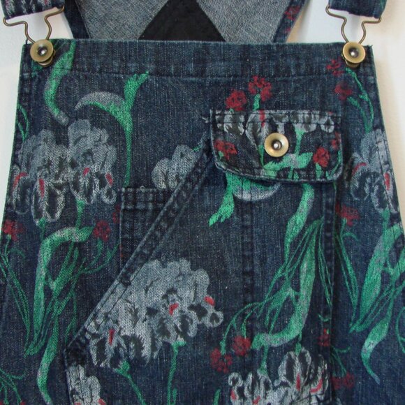 Denim Jean Overalls Japanese Floral Artsy Distressed Carpenter Loose Fit Large - Picture 6 of 16
